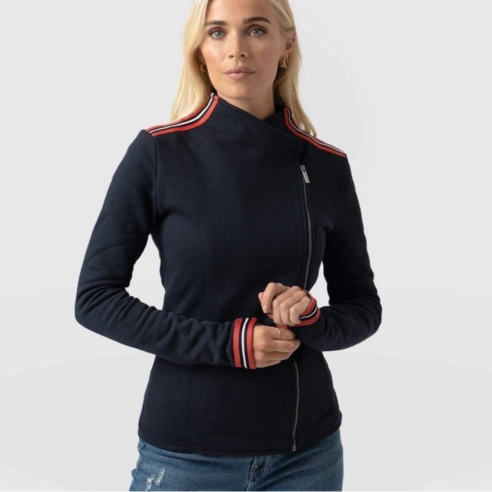 Saint + Sofia Navy Cotton Biker Moto Jacket Pink White Blue Trim